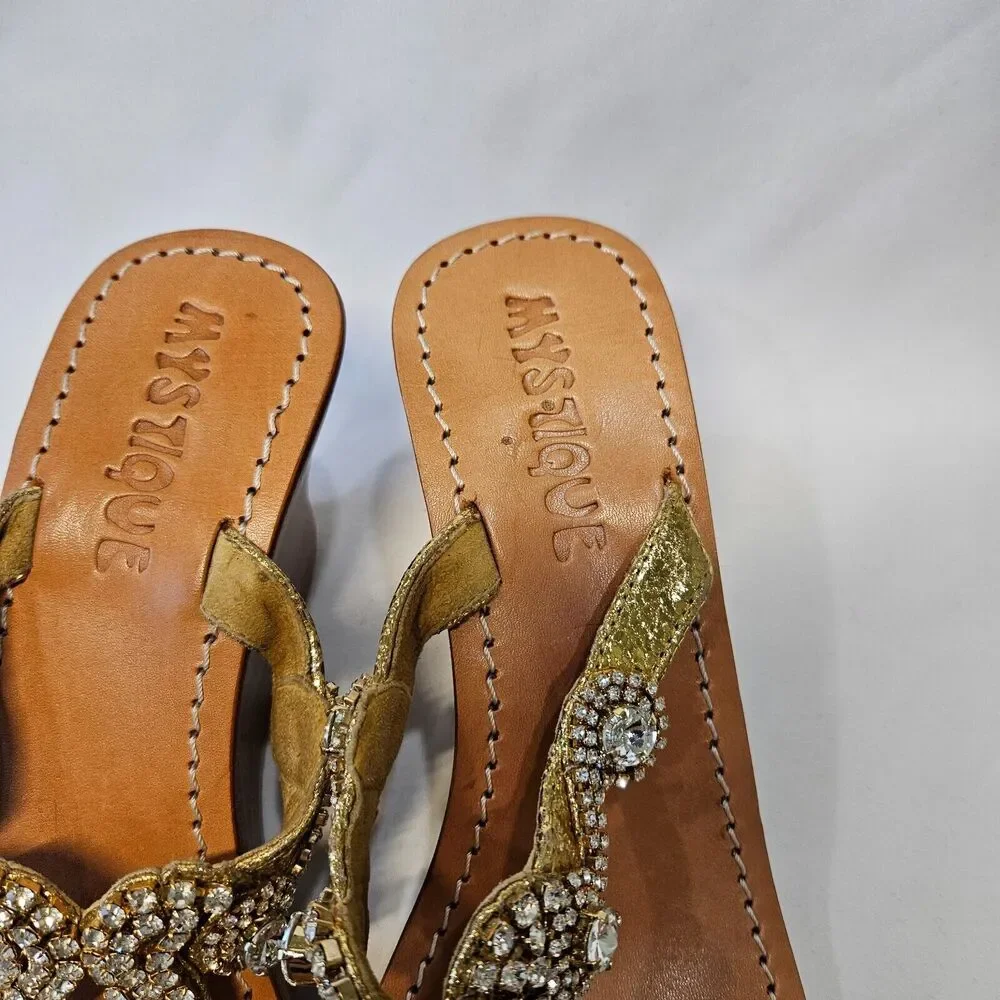 Mystique Womens Leather Crystal Sequin Jewel Wedge Thong Sandals 7 Embellished